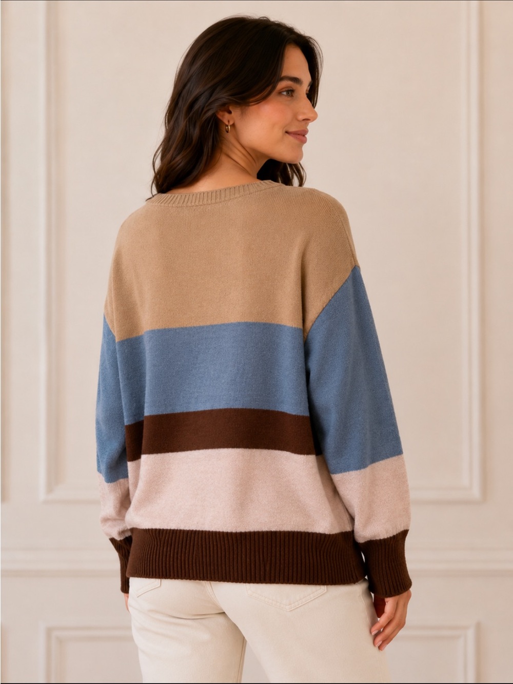 Love Change Striped Colorblock Henley Sweater Beige Blue Brown Knit Top Size 2XL - Picture 2 of 7